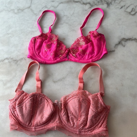 Victoria's Secret Other - Victoria's Secret hot Pink blush Push Up Bra Gold Accents 32D Bundle of two Bras